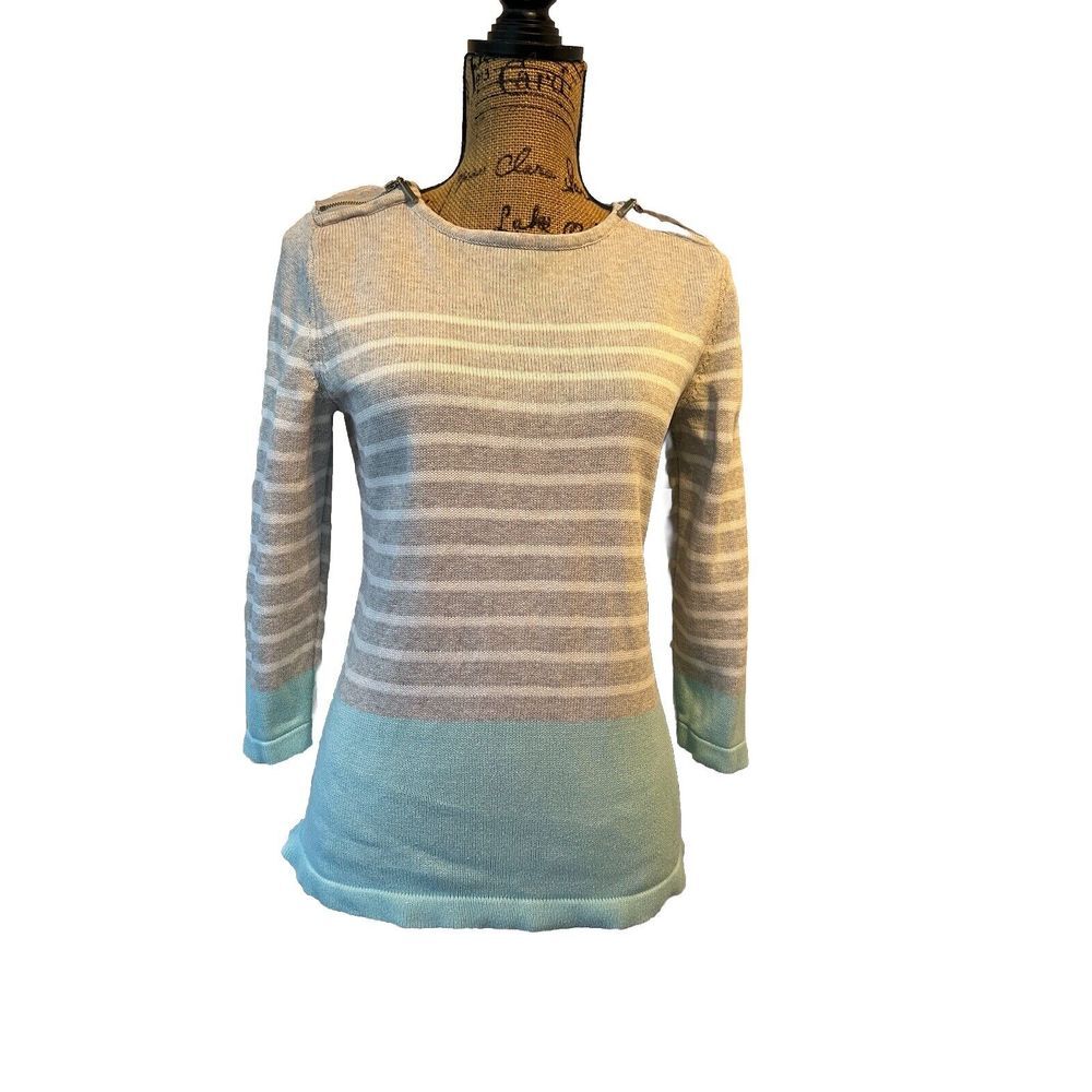 Karen Scott Womens Small Grey White Striped Blue Colorblock‎ Cotton Sweater Zip